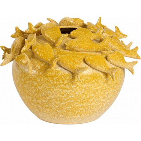 Vase Sculpture Banc de Poissons en Céramique Jaune 40x27cm (1/3)