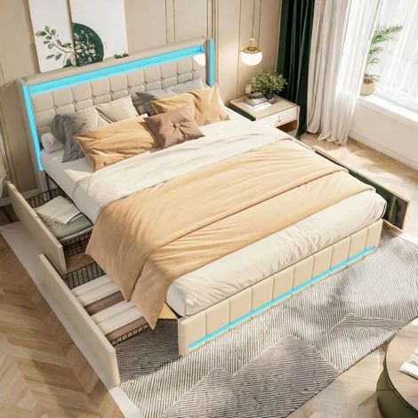 Doppelbett aus Leinen, Erwachsenenbett 140  200cm beige, Kopfteil mit LED-Licht und USB-Ladestation, Bett 140x200 cm mit 4 Schubladen