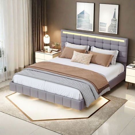 Cama doble 160x200 cm - TANANT - Cama flotante con LED - Cabecera ajustable - Gris - 2 plazas
