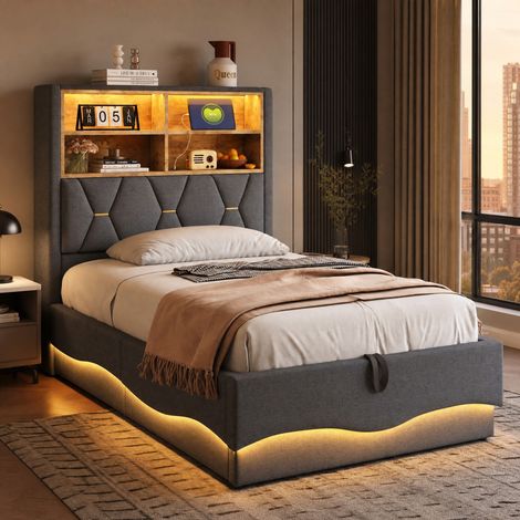 Cama con arcón 90 x 200 cm con LED, USB y almacenamiento hidráulico, gris HAVRYA (1/5)