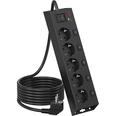 Multiprise 5 Prises avec 5 Interrupteurs Individuelles, Multiprise Electrique Surtension 1050J et Rallonge Electrique 2M (1/5)