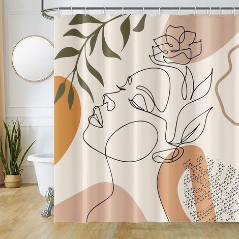 Duschvorhang mit abstraktem Gesichtsmotiv, minimalistisches Design in Schwarz, wasserdicht, waschbar, mit 12 Haken, 180 x 180 cm