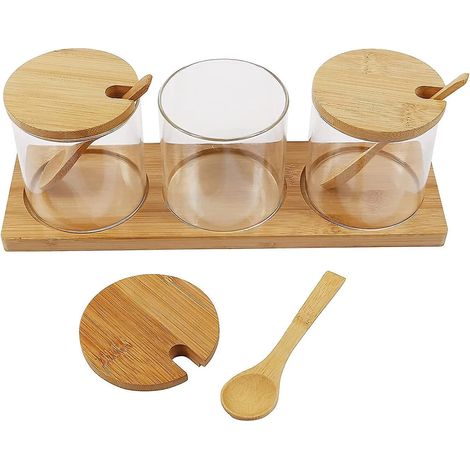 Set aus 3 durchsichtigen Glasgefäßen mit Deckel aus natürlichem Bambus, Bambuslöffel und Ständer.