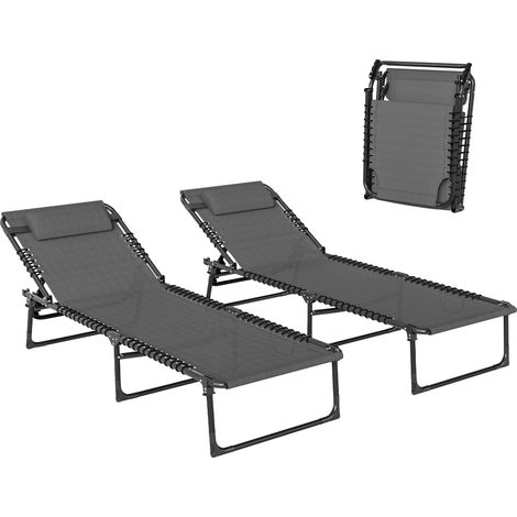 Lot de 2 bain de soleil transat pliable dossier inclinable multi-positions acier lacets élastiques textilène gris