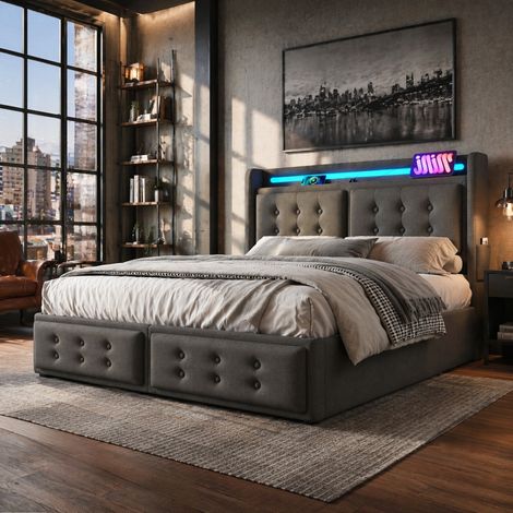 MEUBLIV Cama 140x200 cm gris con cabecero LED y USB, sin colchón (1/5)
