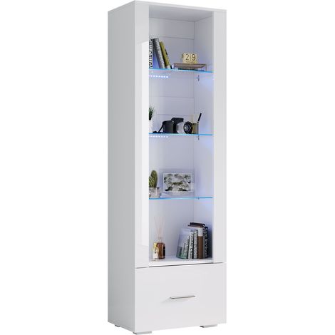 SONNI Vitrinenschrank 4 Fächer mit Schublade Hochglanz LED Bücherregal für Wohnzimmer, Schlafzimmer, Weiß 55x35x172cm (1/5)