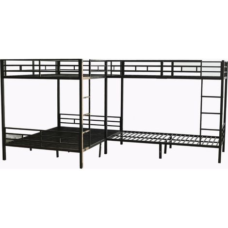 Letto a castello in ferro nero 90x200 cm e 140x200 cm, scala 3 gradini, rete a doghe stabile (1/5)