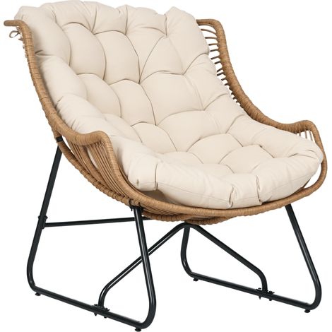 Fauteuil de jardin en rotin, cadre en métal, avec coussin, dimensions 75x101x90 cm, couleur naturelle/khaki/noire. (1/5)