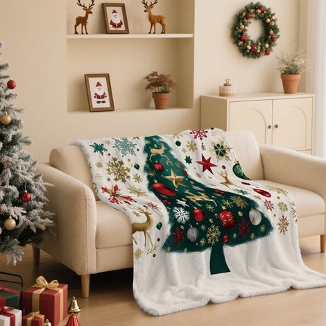 Plaid De Noël - Arbre De Noël Imprimé - 100 x 70 cm - Flanelle Polyester Double Face - Pour Canapé Chambre Ou Pique-Nique - 1 Pièce (1/5)
