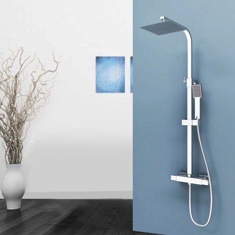 AICA Columna de Ducha con Termostato, Cubo Barra Ajustable 80-120cm, Alcachofa Cuadrada 20cm Regulable en Ángulo para Baño (1/5)