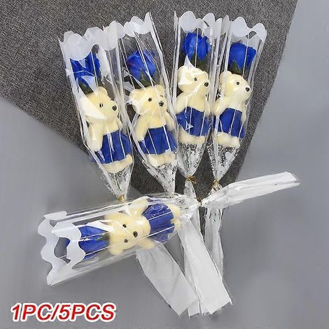 1/5 pièces Savon parfumé en forme de rose, décoration de mariage ou de maison, bouquet de savon ours, Saint-Valentin, roses artificielles, fête des mères5 pièces bleues (1/5)
