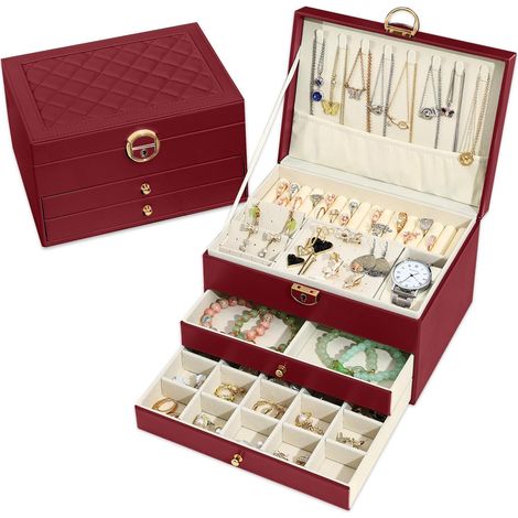 Elegant 3-layer jewelry box with 2 drawers, ideal for necklaces, bracelets, rings and earrings (burgundy) (1/5)