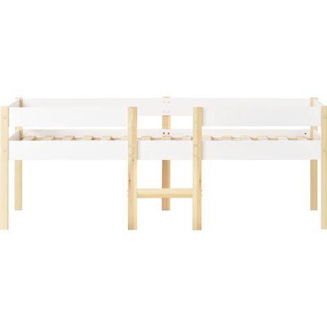 Cama infantil semialta con cajón y barrera de seguridad, pino y MDF, 90 x 200 cm, blanco y roble (1/5)