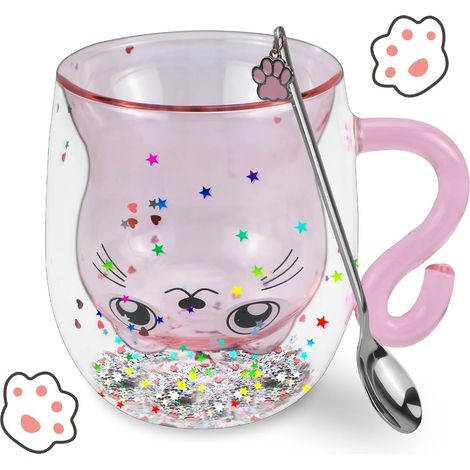 Verres à double paroi Tasses de Chat, 300ml Cat Mug, Tasses sucrées avec cuillère, cadeau pour les amoureux des chats/dames/enfants, avec paillettes, tasse à café, cadeau d'anniversaire (Rose (1/5)