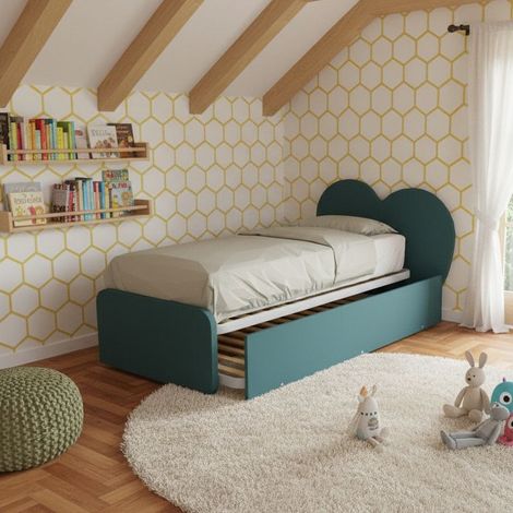 Letto singolo a cuore "Cupidor" con secondo letto estraibile - Verde Petrolio