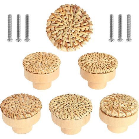 Ensemble de 6 boutons de meubles en rotin, boutons de porte et de tiroir de style bohème, poignées rondes en bois pour commodes, armoires et meubles de cuisine. (1/5)