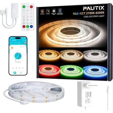 RGBW/WW LED Strip COB 10M Kit Dimmable RGB+2700K-6500K CCT White Tunable Color Changing LED Light Strip with APP Control, Music Sync for Bedroom Home Lighting Projects (1/5)