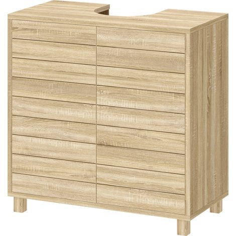 Unterschrank für Spüle, U-förmiger Ausschnitt, Lamellentüren, verstellbarer Einlegeboden, Push-to-Open-Mechanismus, 60 x 30 x 60 cm, Naturholz