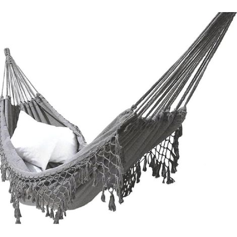Hamac double bohème en macramé tissé à franges en toile - Grande balançoire à suspendre - Pour la plage, la cour, la chambre à coucher, la terrasse - Pompons tissés à suspendre,GRIS (1/5)