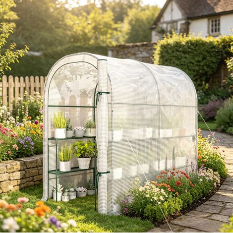Serra da giardino con ripiani in acciaio e PE 140 g/m² 123 x 187 x 189 cm bianca OKWISH (1/5)