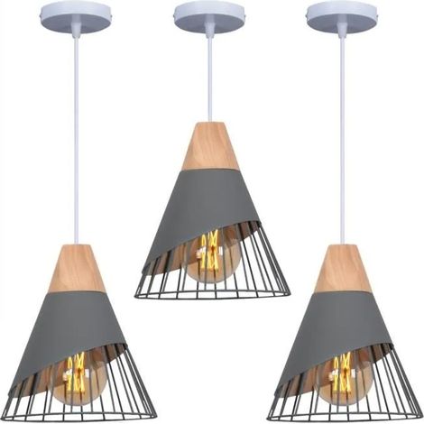 U-Do 3Pcs Lustre Suspension Industriel en Bois Métal Gris Lampe éclairage Vintage Luminaire Lustre Ajustable décoration Salon (1/4)