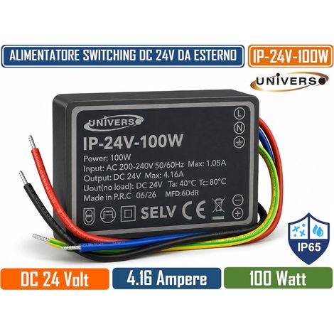 UNIVERSO IP-24V-100W TRASFORMATORE ALIMENTATORE IMPERMEABILE 100W 24V DC 4.16A IP65 CON PROTEZIONE DA CORTOCIRCUITO E SOVRACCARICO PER STRIP LED E ILLUMINAZIONE LED (1/4)
