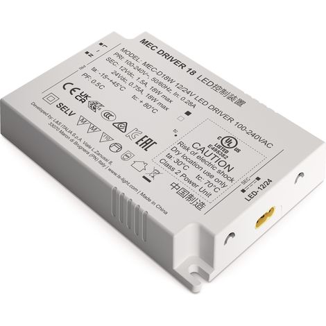 Convertisseur LED 100-240 V CA / 12+24 V CC, longueur 110 mm, 18 W, blanc lisse