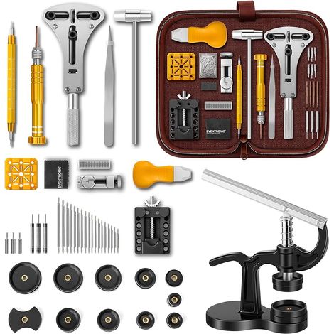 Kit de Réparation de Montre+Presse de Boîtier Montre, Ensemble D'outils de Barre de Ressort Professionnel, Kit Horlogerie pour Fermeture La Table Arrière 12 Tailles de Moules