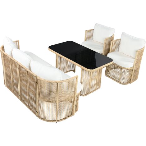 Salon de Jardin 4 Pièces en Résine Tressée avec Canapé 3 Places, Fauteuils et Table en Verre Trempé - Mobilier d'Extérieur Noir et Beige (1/5)