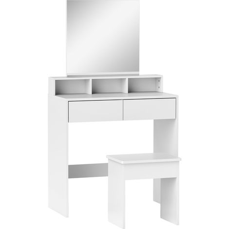 Weißer Schminktisch mit Spiegel, 3 Ablagen, 2 Schubladen und Hocker, aus Holz, 75 x 38 x 135 cm