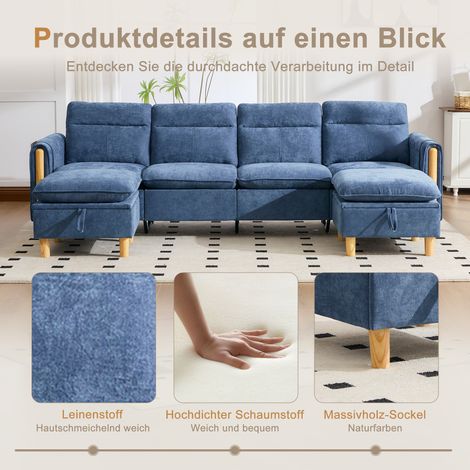 Grand canapé d'angle en U avec deux poufs de rangement  canapé modulable quatre places avec pieds de table en bois  canapé confortable en tissu, idéal pour le salon et l'espace familial (chenille bleu (1/5)