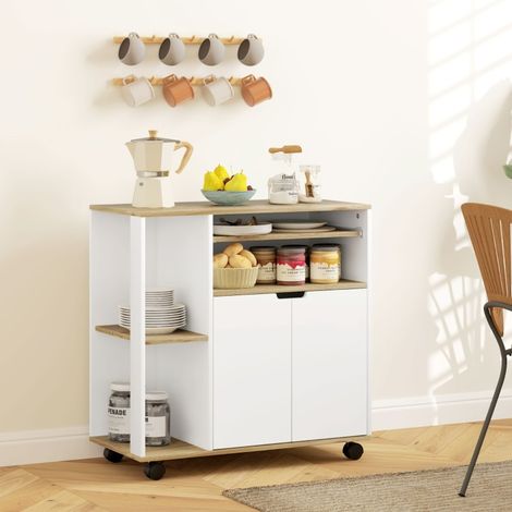 Carrello da cucina 80x40x82 cm, piano di lavoro, ripiani regolabili, armadietto, legno naturale e bianco (1/5)