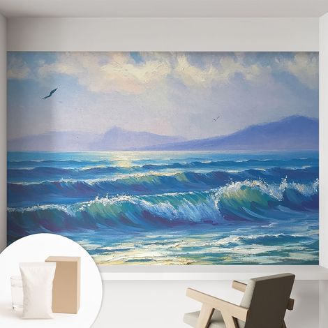 Papier peint intissé mural classique avec imprimé motifs décoratifs design élégant non‑tissé Vagues marines 152x104 cm (1/5)