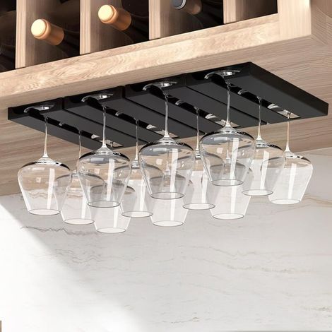Lot de 4 Support verre a pied suspendu porte verres à vin à suspendre En plastique Sans perforation Auto adhésif Noir (1/5)