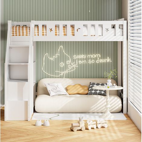 Letto a soppalco moderno 90x200 cm in legno bianco con scala contenitore, 2 cassetti, 3 ripiani e rete a doghe