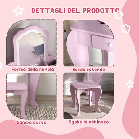 Set de maquillage enfant bois rose avec miroir, tabouret coordonné, tiroir de rangement, coffret beauté pour fille. (1/5)