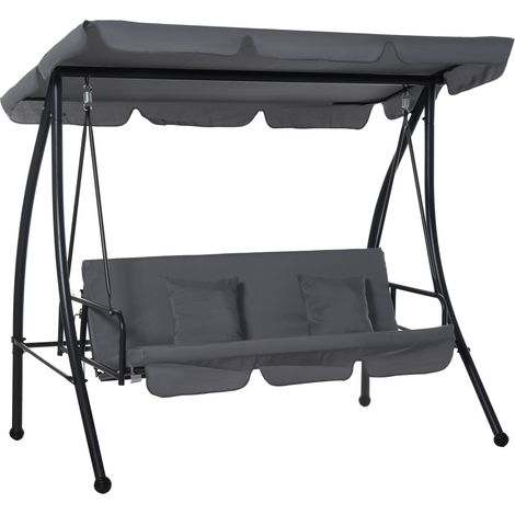 Sedia a dondolo da giardino convertibile a 3 posti, extra comfort, tetto inclinabile regolabile, materasso incluso, 2 m x 1,25 m x 1,7 m, metallo, poliestere, nero, antracite