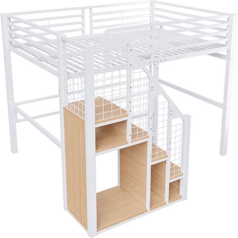 Cama alta 140 x 200 cm con escalera segura y almacenaje en metal y MDF blanco MODENUIT (1/5)