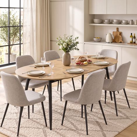 Table à manger extensible ovale pour 4 à 6 personnes, table de cuisine 120-160 cm, bords arrondis, chêne (1/5)