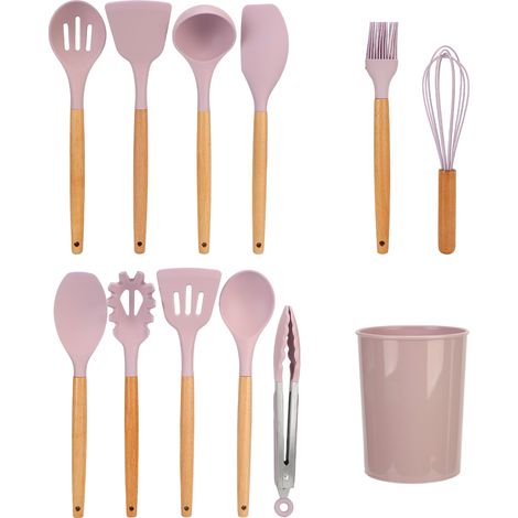 Ensemble de 12 ustensiles de cuisine en silicone avec manche en bois, rose. (1/5)