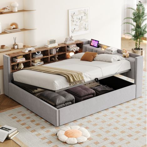Cama tapizada multifunción 140x200 cm en terciopelo gris claro con arcón hidráulico, USB/Type-C, luz nocturna y estantes (1/5)