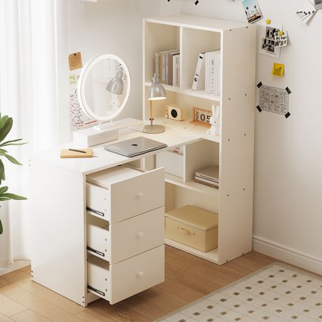 Bureau d'angle avec meuble de rangement intégrée, compact avec 4 étagères et 3 tiroirs, bois, blanc (1/5)