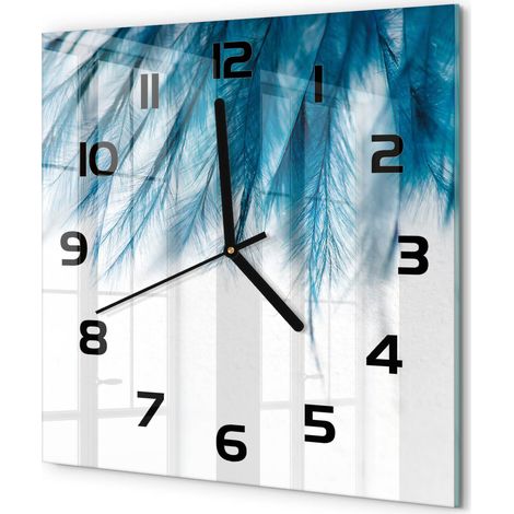 Horloge Murale Carrée Contemporaine en Verre Silencieuse Salon Cuisine Bureau Plumes bleues 30x30 cm (1/5)