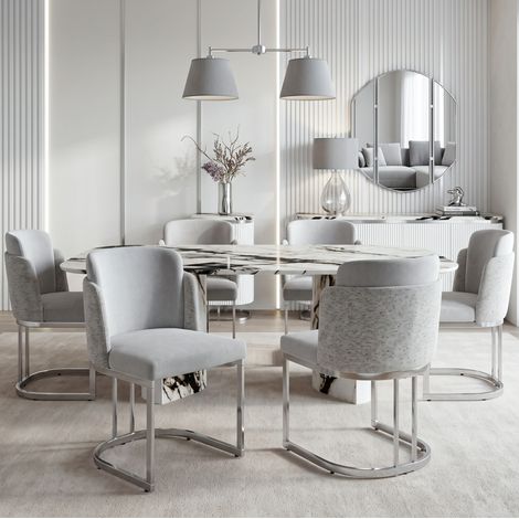 6er-Set Esszimmerstühle aus Chenille, 61,5 x 53,5 x 86 cm, Hellgrau und Silber, OKMYHOME (1/5)