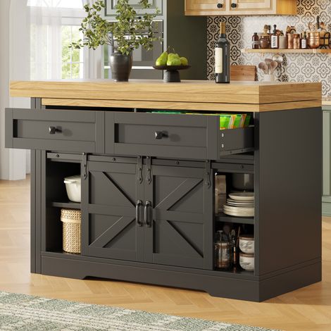 Îlot de cuisine multifonction noir avec table extensible, armoire latérale, panneaux pivotants à 360° et rangements