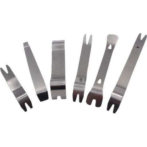 Juego de 6 herramientas de acero inoxidable plateado para desmontar la radio del coche, que incluye un clip de sujeción y una herramienta para hacer palanca.