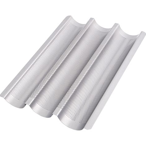 Anti-adhésif Moule à Baguette pour Four - 38,5cm x 28,5cm x 3,5cm - Plaque a Pain Perforé pour Cuisson de 3 Baguettes - Facile à Utiliser et à Nettoyer (1/5)