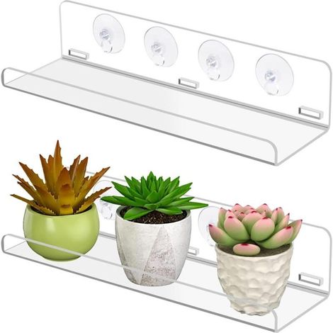 Lot de 2 étagères à ventouse pour fenêtre, 30 cm, support mural de fenêtre avec 8 ventouses, transparent, étagère murale pour jardins intérieurs, plantes d'intérieur (1/4)