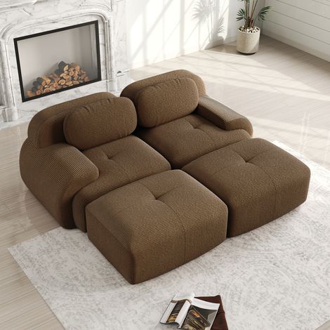 Canapé 2 places velours côtelé marron, modulable avec méridienne, sans structure, antidérapant, accoudoirs ergonomiques, housse extensible pour salon ou chambre (1/5)