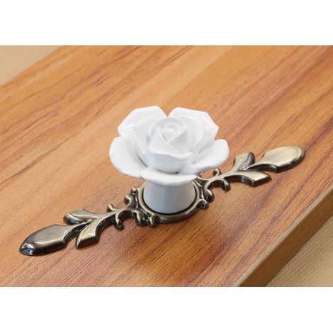 Lntyq Schrankknöpfe aus Keramik mit Blumenmotiv, Vintage-Rosenform, Schrankgriffe, Türgriffe für Küchenschränke und Möbel, 2 Stück (Weißbronze) (1/5)